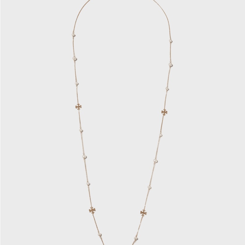 NWT Tory Burch Rose Gold Station Necklace with Logo Motifs